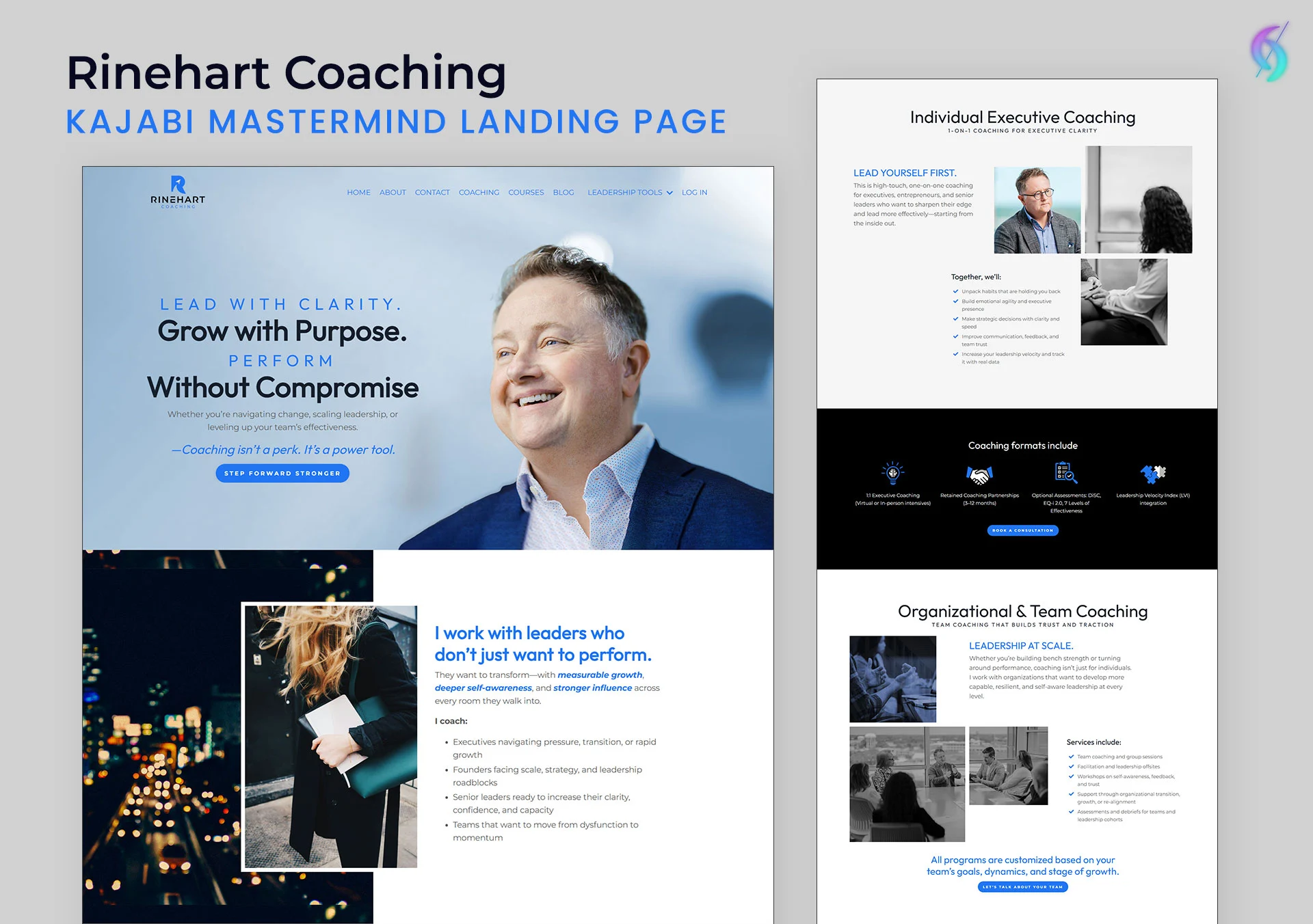 Screenshot of a Kajabi coaching services page built by Dianne Empeynado, showing a single clear call-to-action button, audience-focused imagery, and named client testimonials