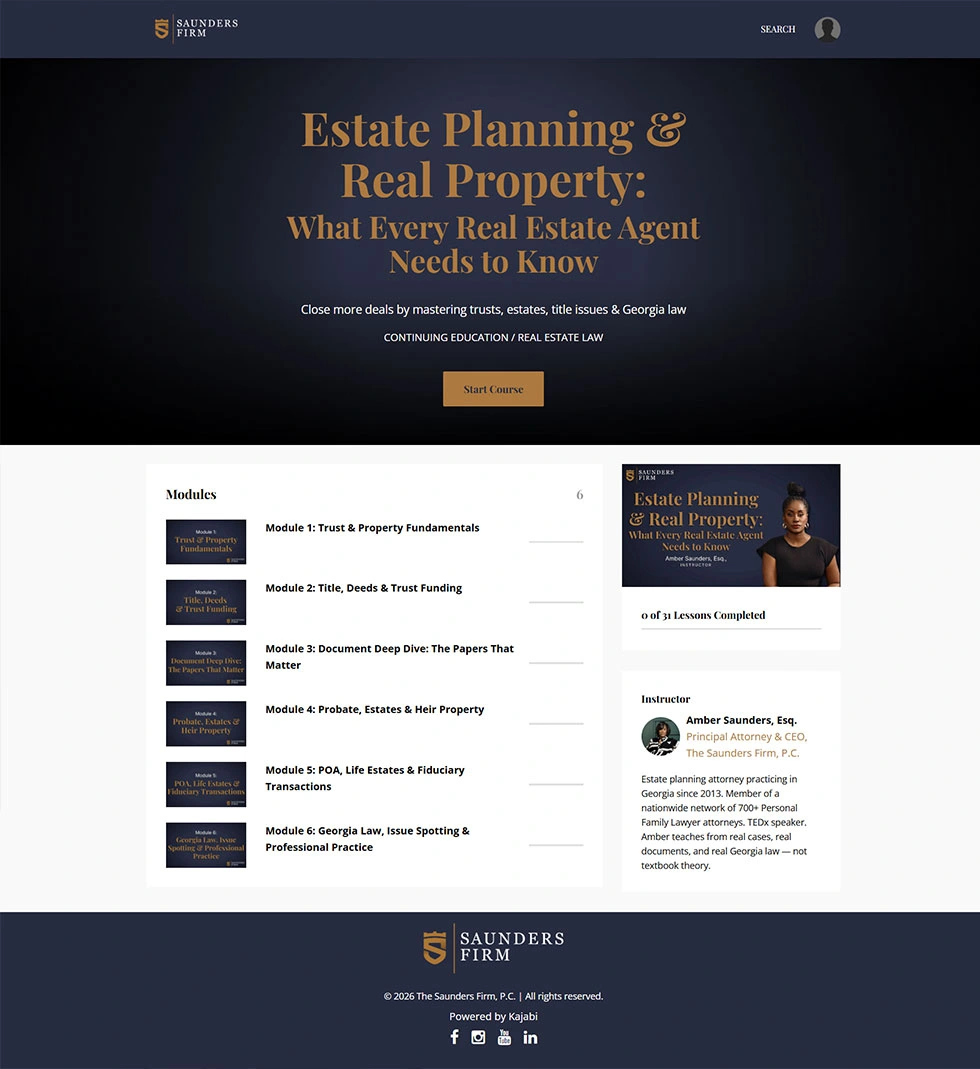 Kajabi course setup using the Premier theme for Saunders Firm