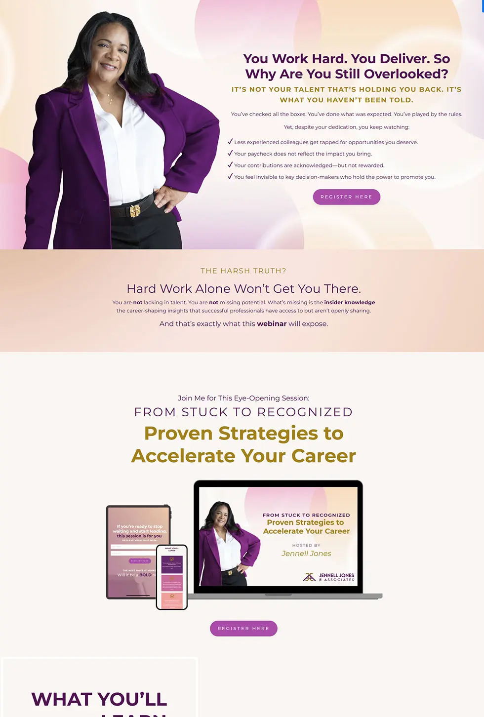 Kajabi webinar registration page for a career acceleration training, designed by vetted Kajabi Expert Dianne Empeynado
