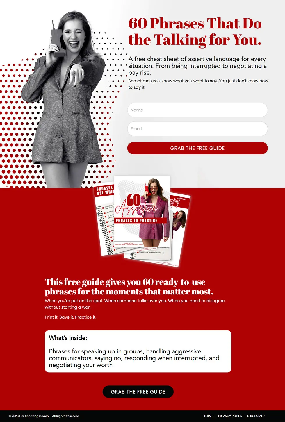 Kajabi opt-in funnel for a 60 Phrases That Do The Talking For You freebie, designed by vetted Kajabi Expert Dianne Empeynado
