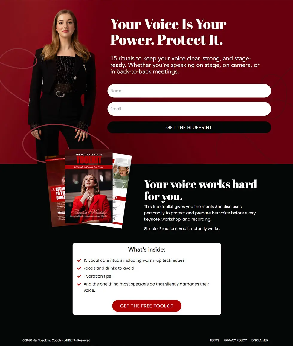 Kajabi opt-in funnel for a Your Voice Is Your Power freebie, designed by vetted Kajabi Expert Dianne Empeynado