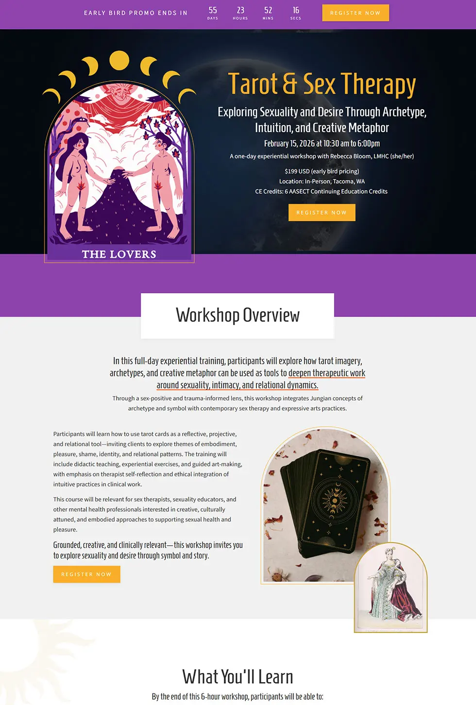 Kajabi webinar registration page for a Tarot & Sex Therapy workshop, designed by vetted Kajabi Expert Dianne Empeynado