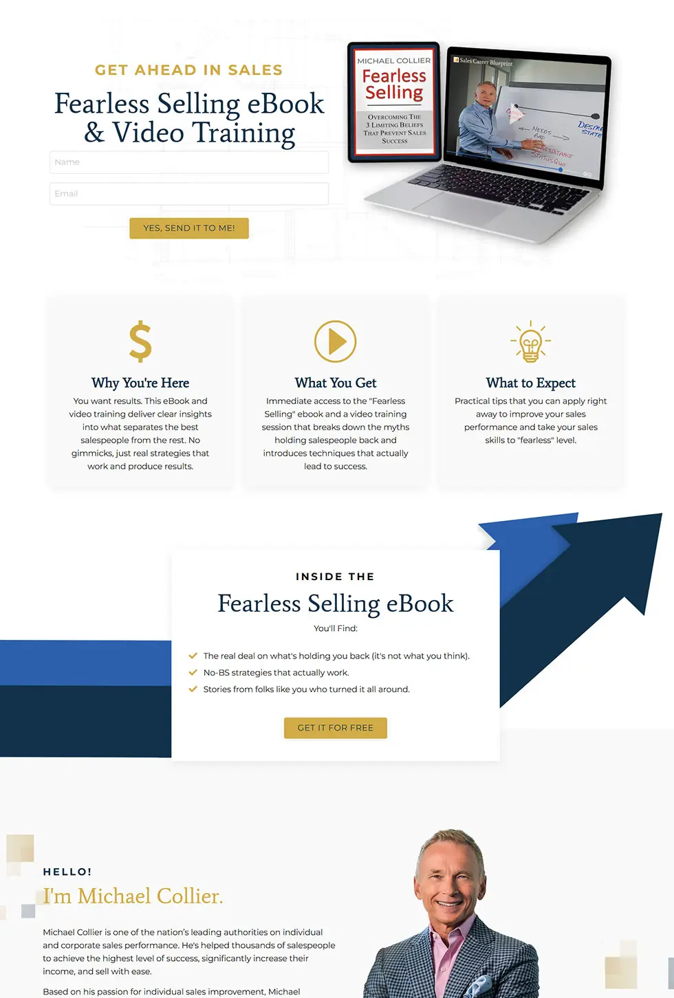 Kajabi opt-in funnel for a Fearless Selling eBook and video training, designed by vetted Kajabi Expert Dianne Empeynado
