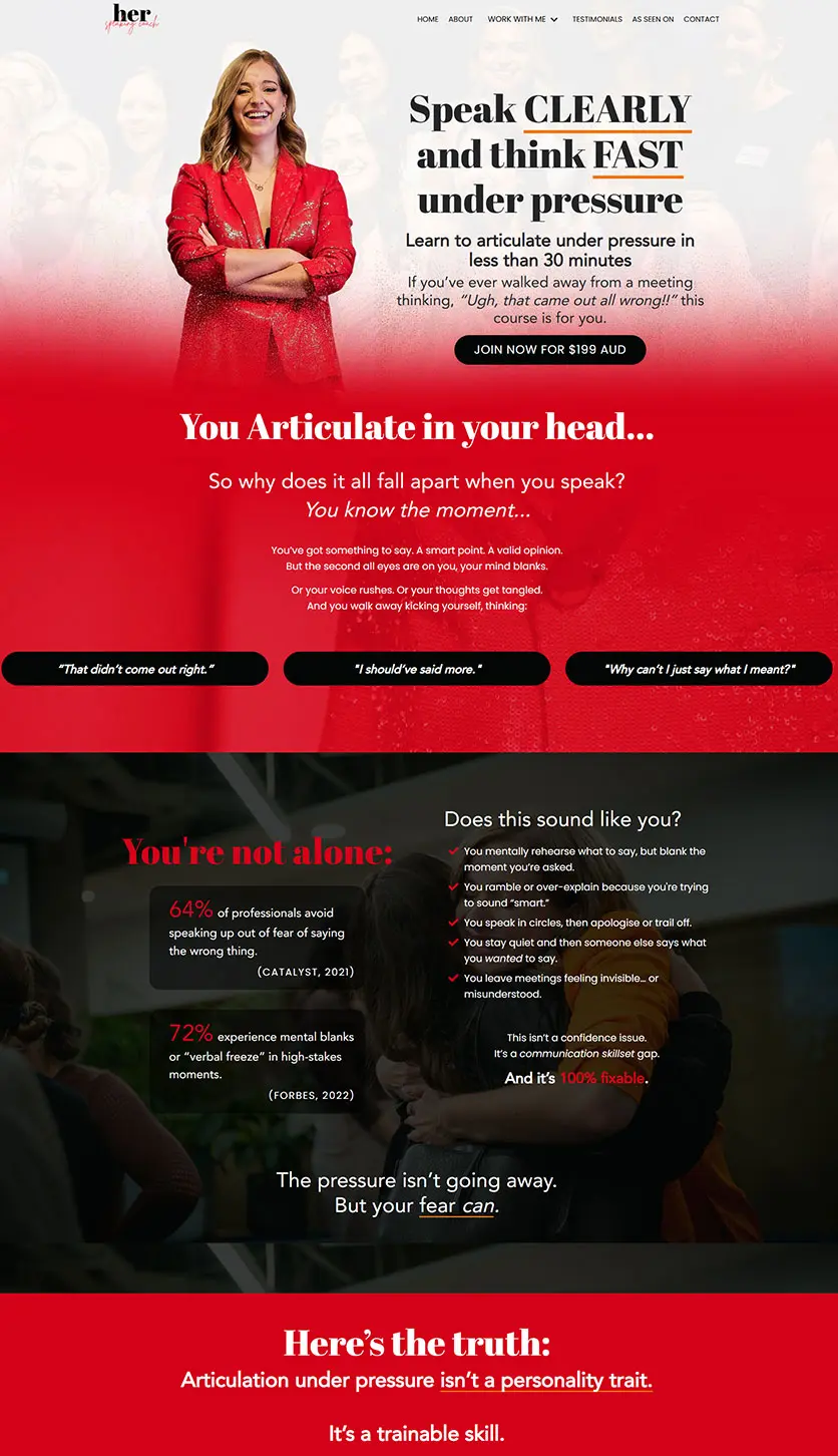 Kajabi sales page for Her Speaking Coach, designed by vetted Kajabi Expert Dianne Empeynado