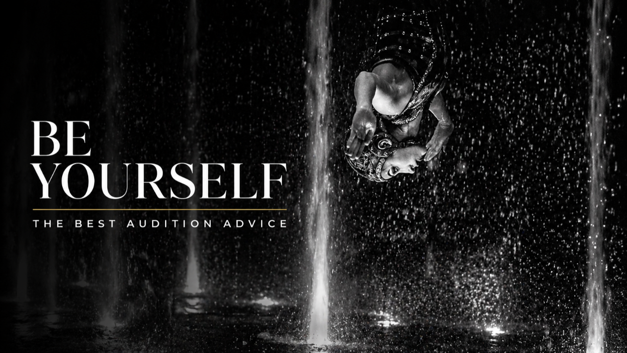 Circus performer in mid-air with “Be Yourself” message about audition advice and performance training