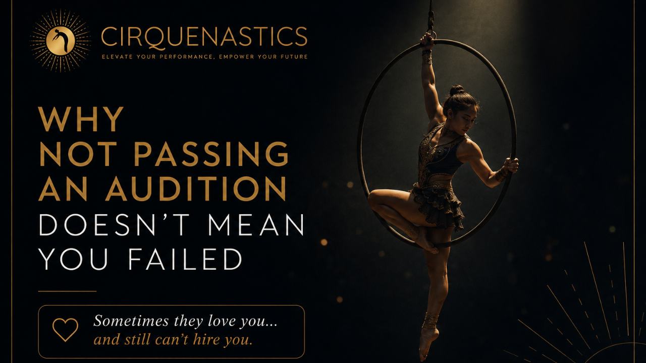 Cirque-style aerial performer featured in a blog about audition rejection, career perseverance, and performance opportunities