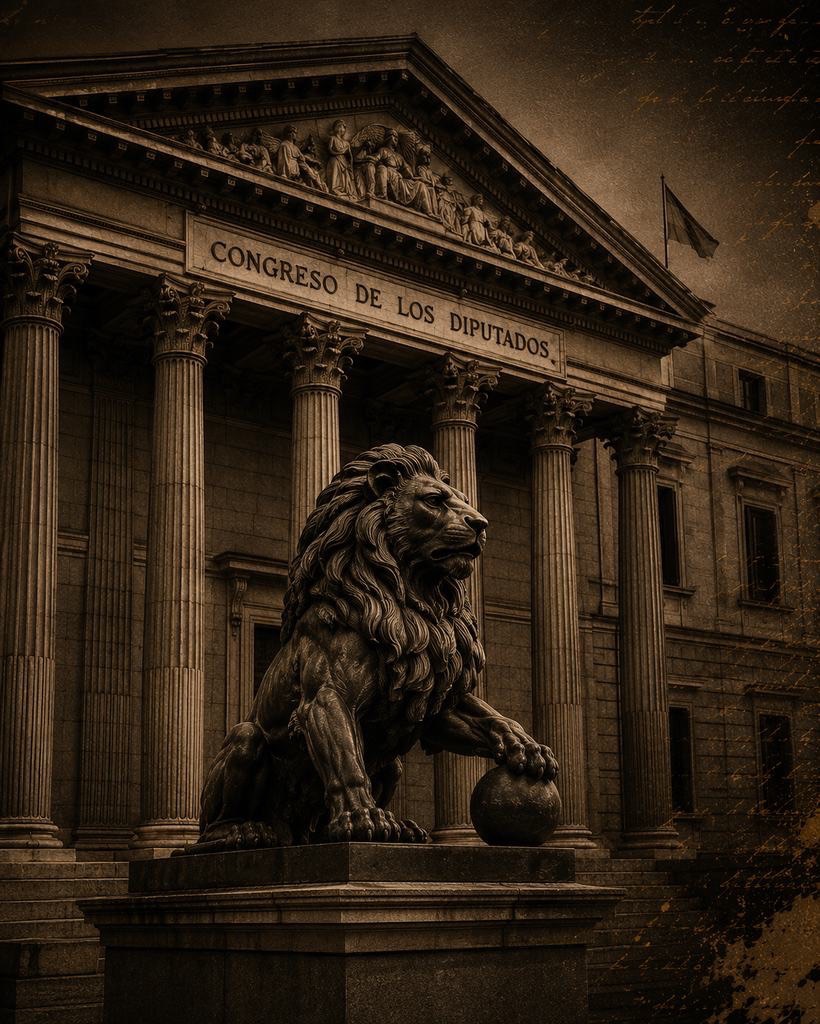 Fachada del Congreso de los Diputados con el león de bronce en primer plano