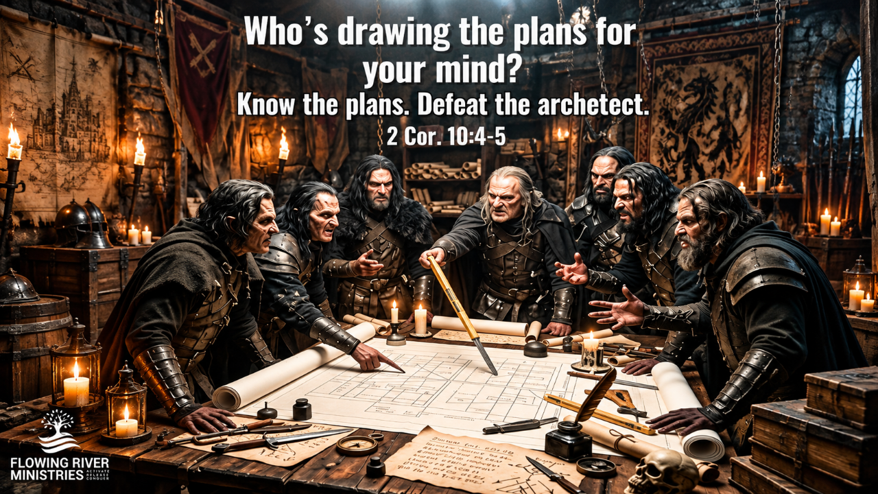 A group of medieval warriors in dark armor gathers around a large parchment blueprint in a torch-lit stone war room, pointing at plans and strategizing together. Bold white text reads, “Who’s drawing the plans for your mind? Know the plans. Defeat the architect. 2 Cor. 10:4-5.” The Flowing River Ministries logo appears in the bottom-left corner.