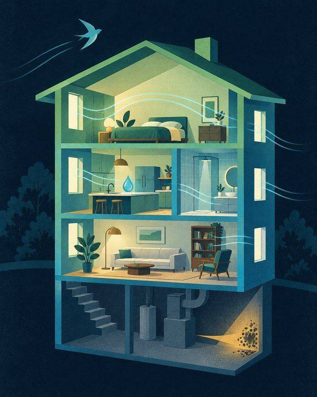 Illustration of a house cutaway with clean air moving room to room and a scan beam finding mold in the basement