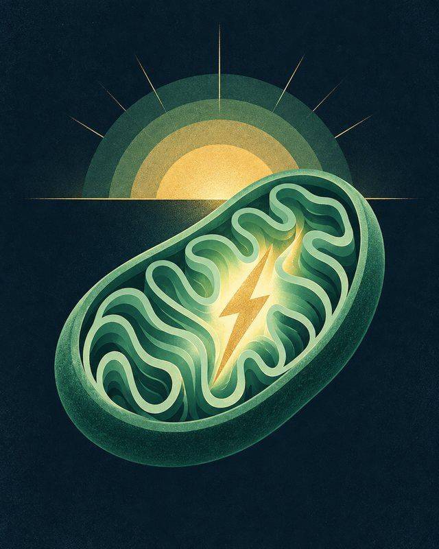 Illustration of a glowing mitochondrion with a gold lightning bolt in front of a rising sun