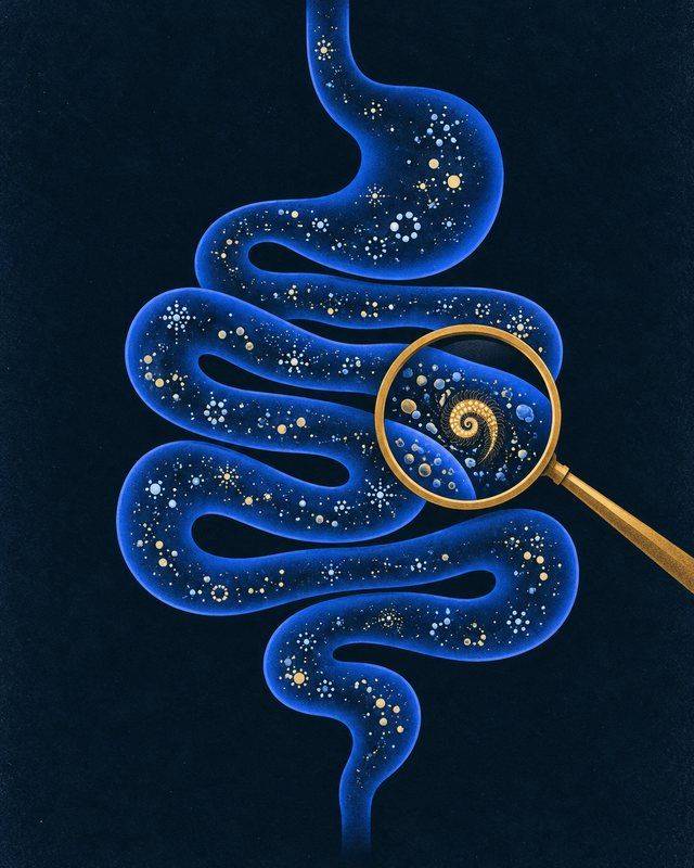 Illustration of a winding gut drawn like a starry river, with a gold magnifying lens finding something hidden