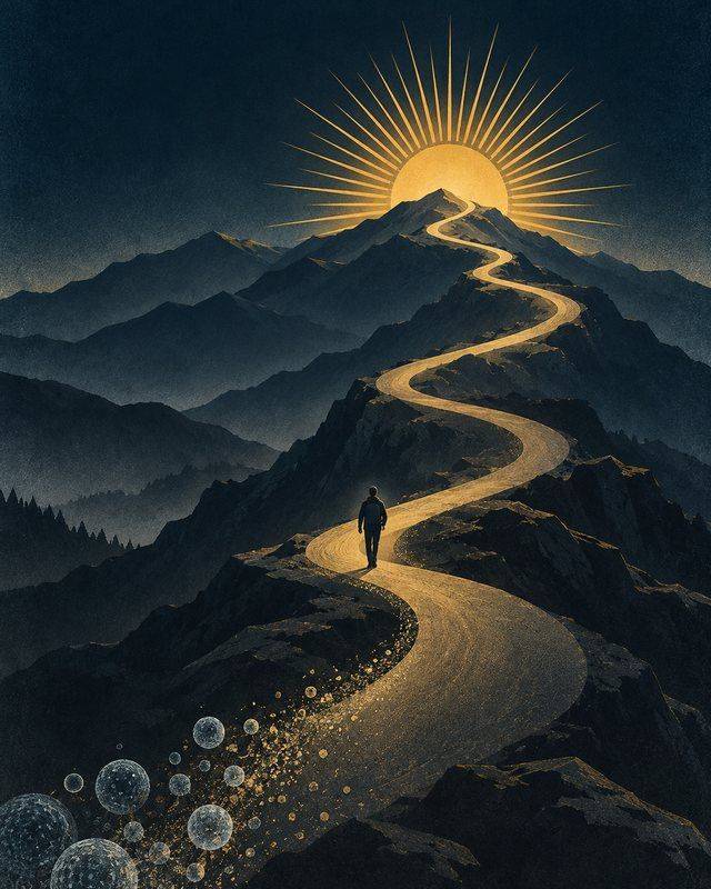 Illustration of a long road climbing a mountain toward a gold sunrise, with one person walking up