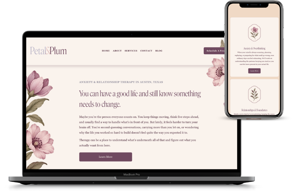 Petal and Plum Squarespace website template shown on desktop and mobile