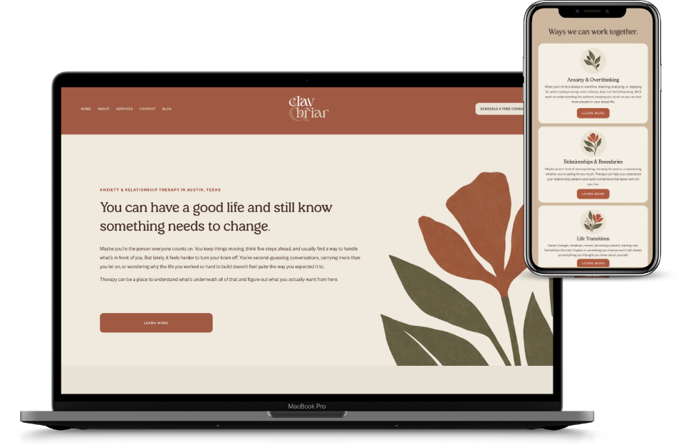 Clay and Briar Squarespace website template shown on desktop and mobile