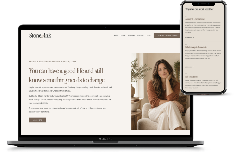 Stone and Ink Squarespace website template shown on desktop and mobile