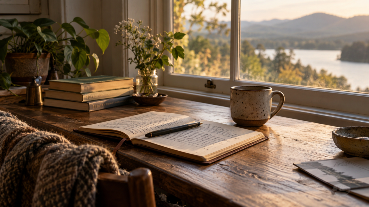 A cosy writing nook overlooking a lake