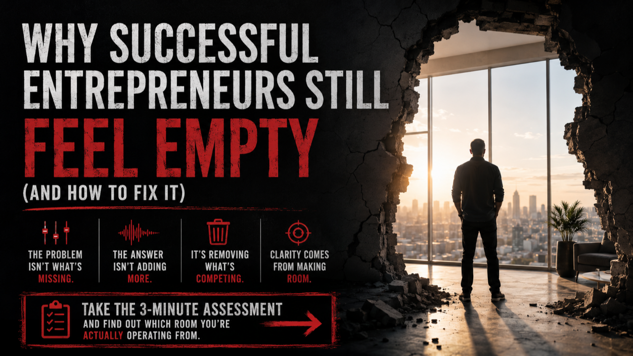 Entrepreneur sitting quietly at a desk, stepping back from complexity to find clarity