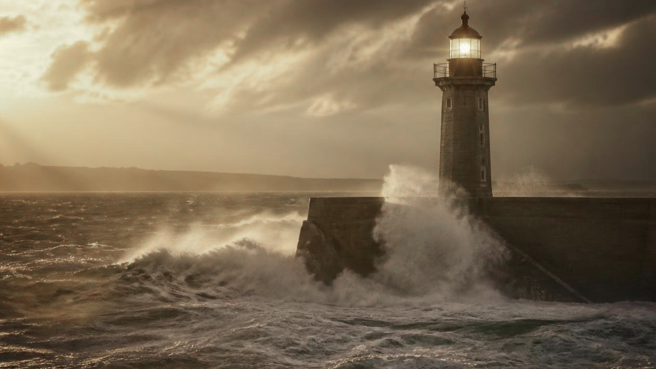  Lighthouse standing steady as storm waves crash against its sea wall, light glowing through dark clouds, representing the anchor that holds through the setback cycle