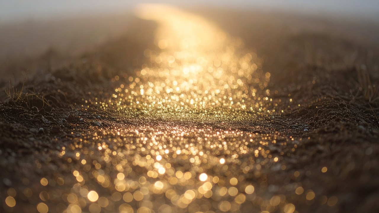 Close-up of sunlit earth with golden bokeh light reflecting off the ground, representing the precision of the universe restoring balance through unexpected shifts.