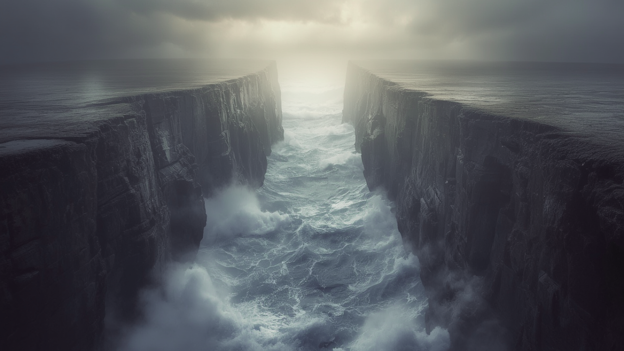 Two cliff walls forming a widening gap with storm waves churning between them and light breaking through clouds at the horizon, representing the growing divide between those absorbing life's stress and those rising above the storm