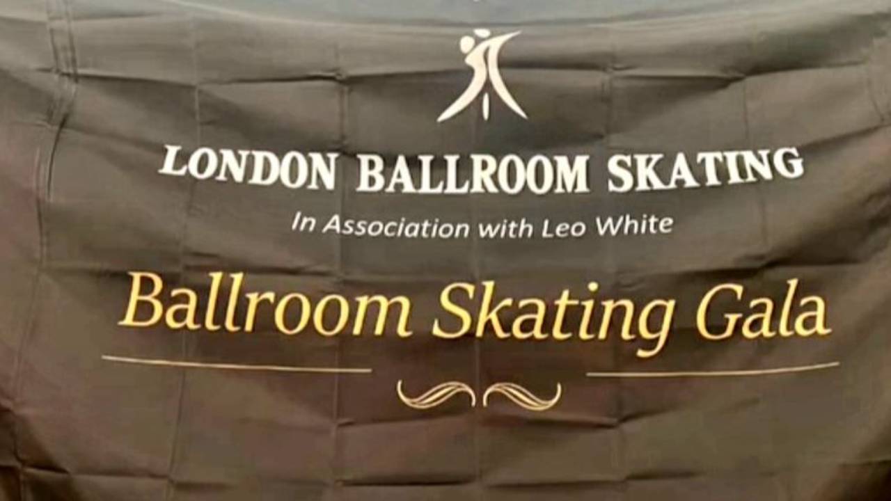 A black banner ,London Ballroom Skating Gala 