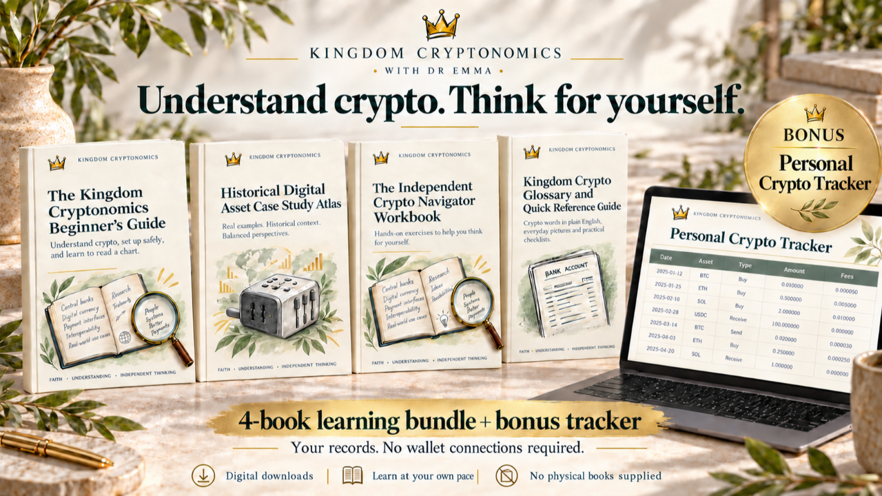 Kingdom Cryptonomics four-book learning bundle with the bonus Personal Crypto Tracker displayed on a laptop
