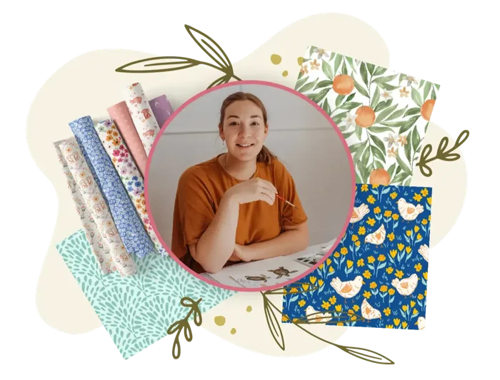 Ashleigh Fish surrounded by examples of her surface pattern artwork