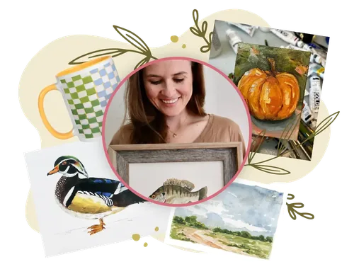 Emily Gettys Johnson surrounded by examples of her artwork