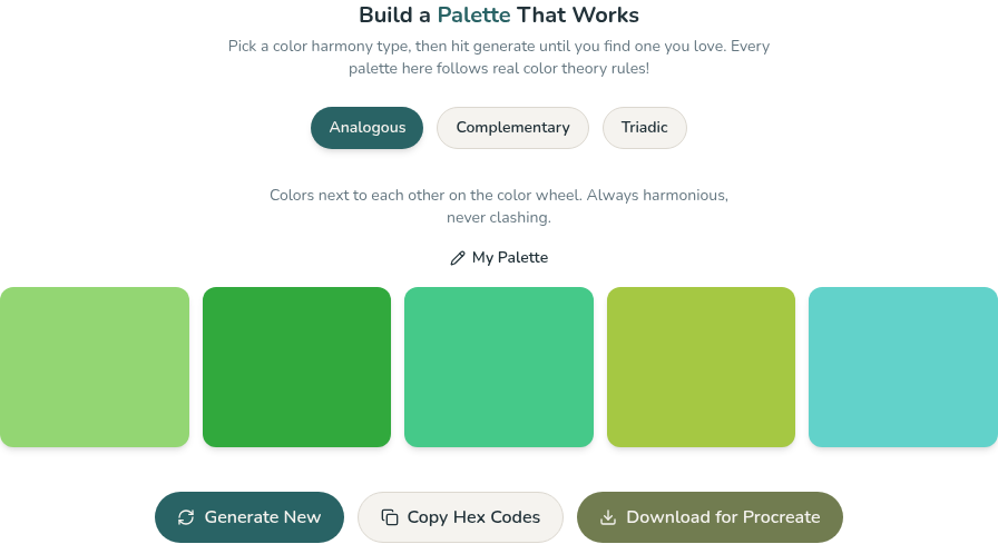 Screenshot of the Fix Your Color Mix palette builder showing a row of color swatches