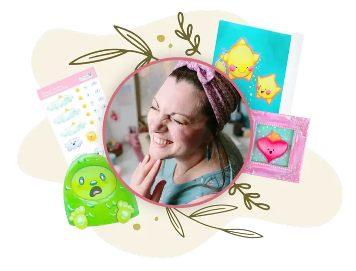 AshleyMarie Sey Lively surrounded by colorful examples of her artwork