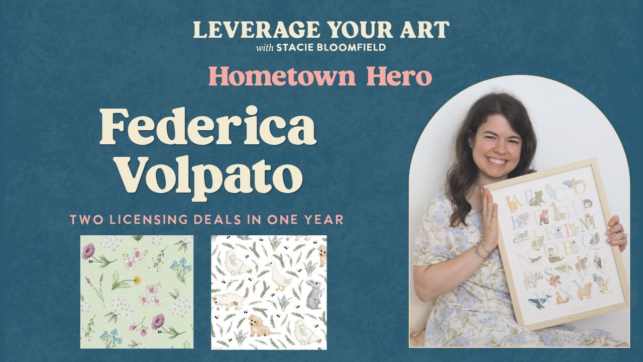 Federica Volpato, children’s pattern designer, pictured beside whimsical watercolor artwork for the Leverage Hometown Hero spotlight.