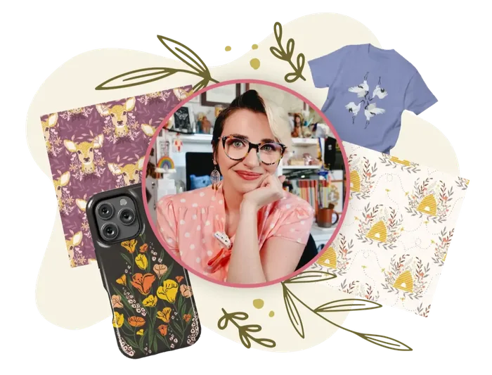 Melissa Shaw surrounded by products featuring her artwork