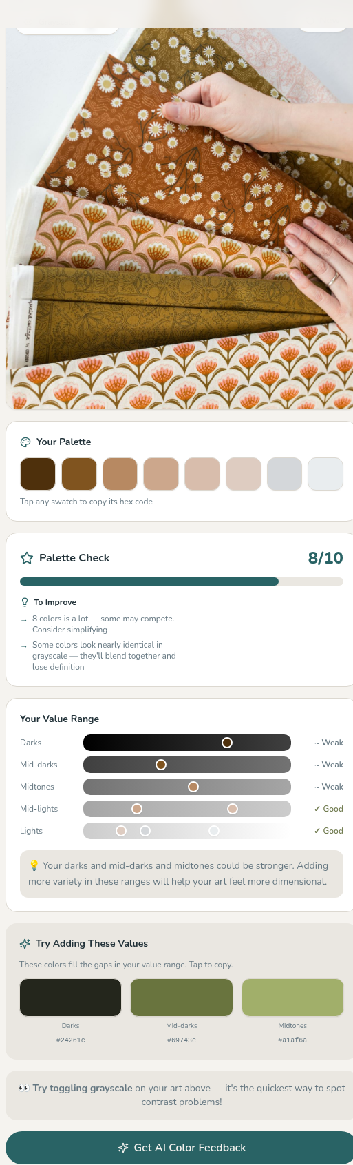 Screenshot of the color tool: an uploaded artwork, its extracted palette, and a Palette Check score with feedback