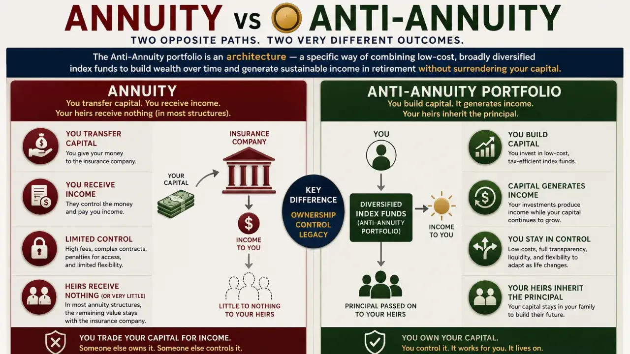 Comparison chart showing how an anti-annuity portfolio allows investors to generate retirement income while maintaining capital ownership and inheritance rights.