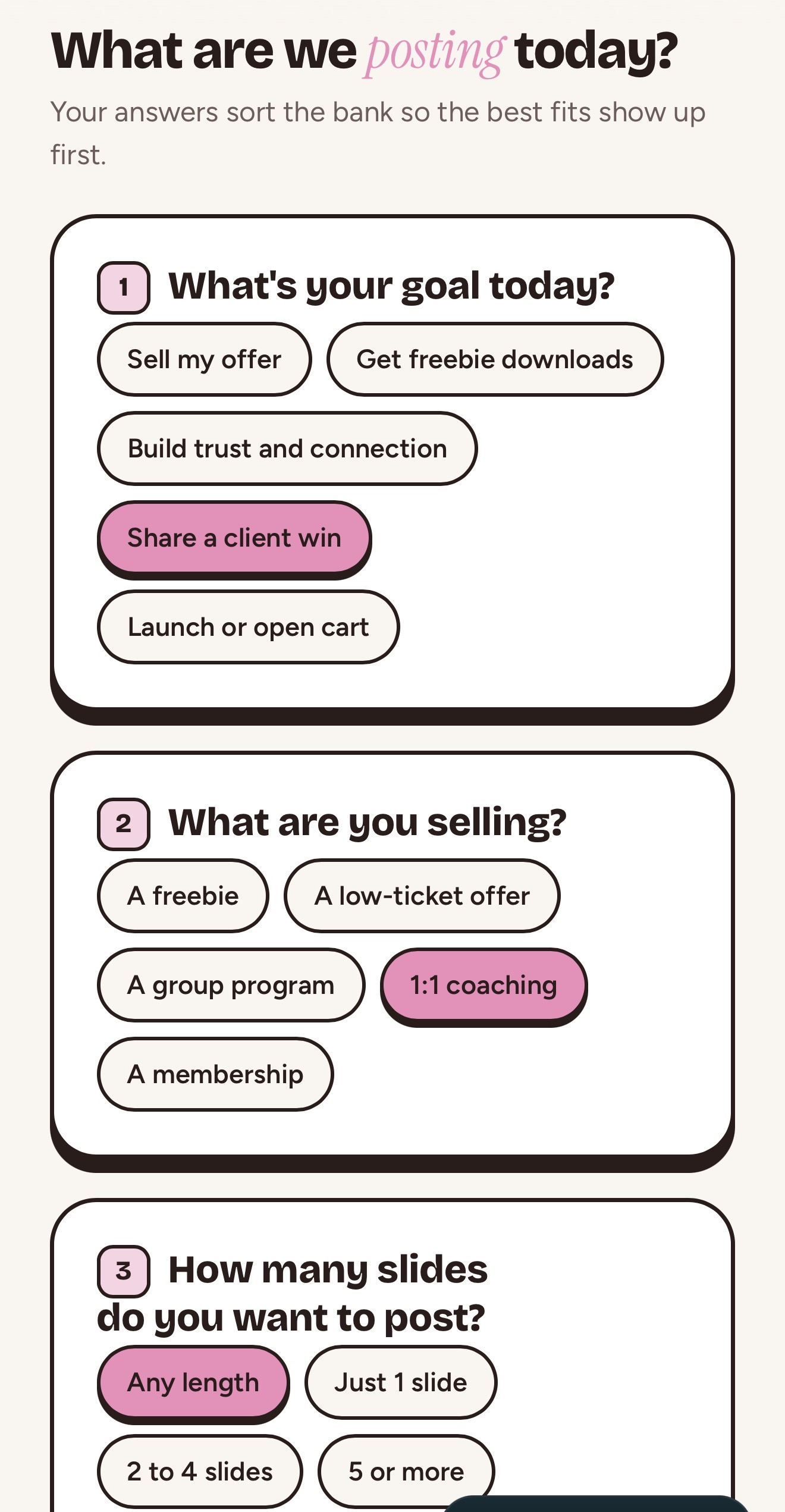 The Story Builder questions: what's your goal today, what are you selling, how many slides