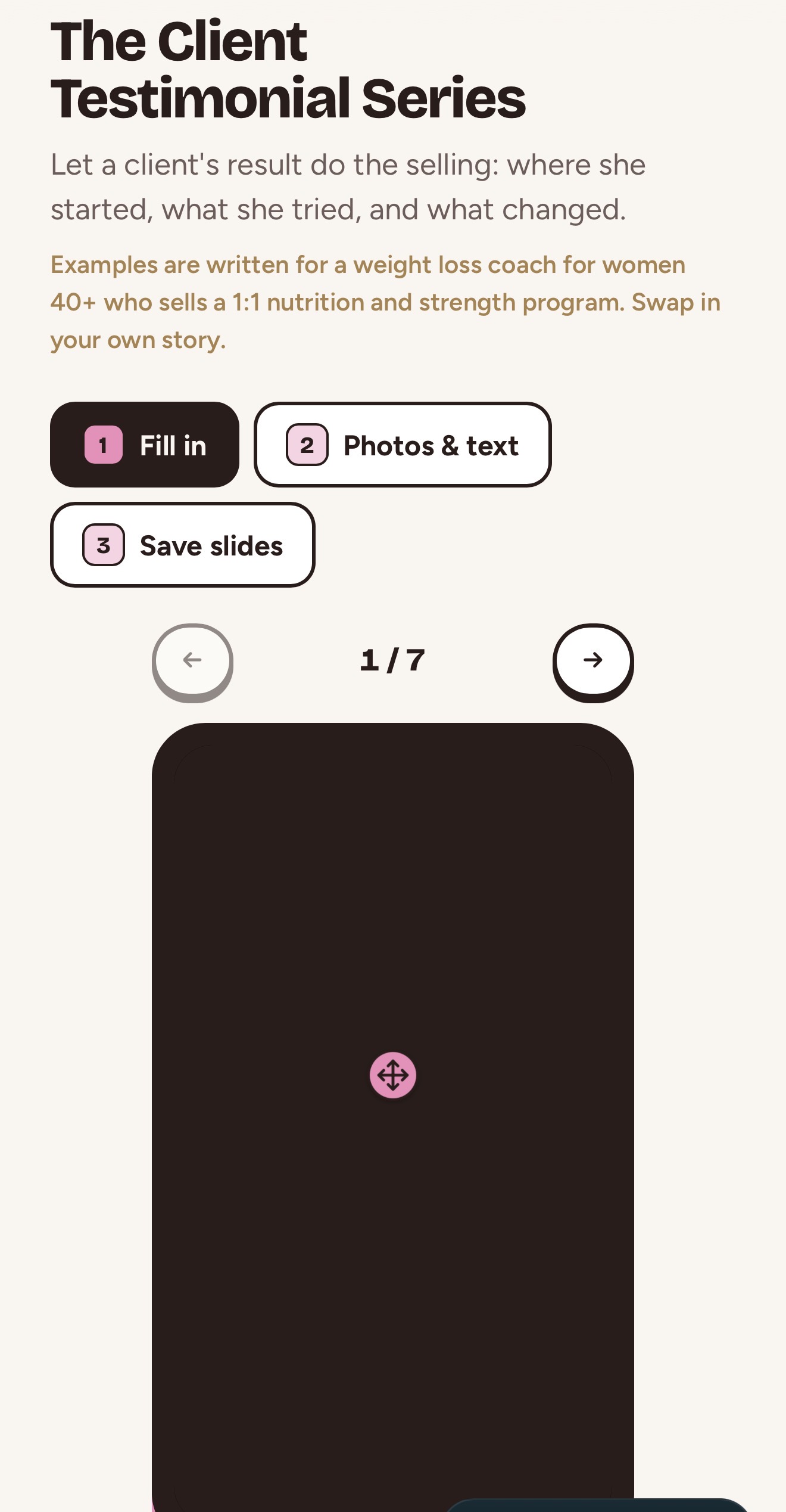 The Client Testimonial Series in the Story Builder with Fill in, Photos and text, and Save slides tabs