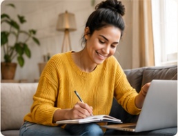 Woman writing in a notebook beside a laptop
