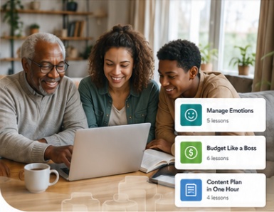 Three adults learning together using a laptop