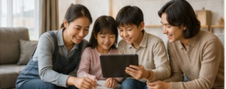 Family learning together on a tablet