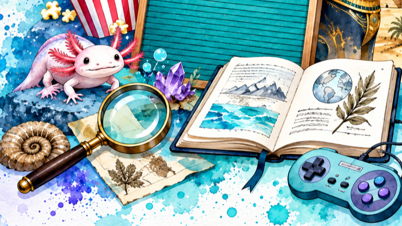 The Curiosity Club watercolor artwork with an axolotl, books, magnifying glass, and game controller