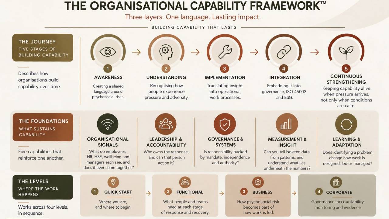 Diagram of the Organisational Capability Framework: Journey, five Foundations and four levels