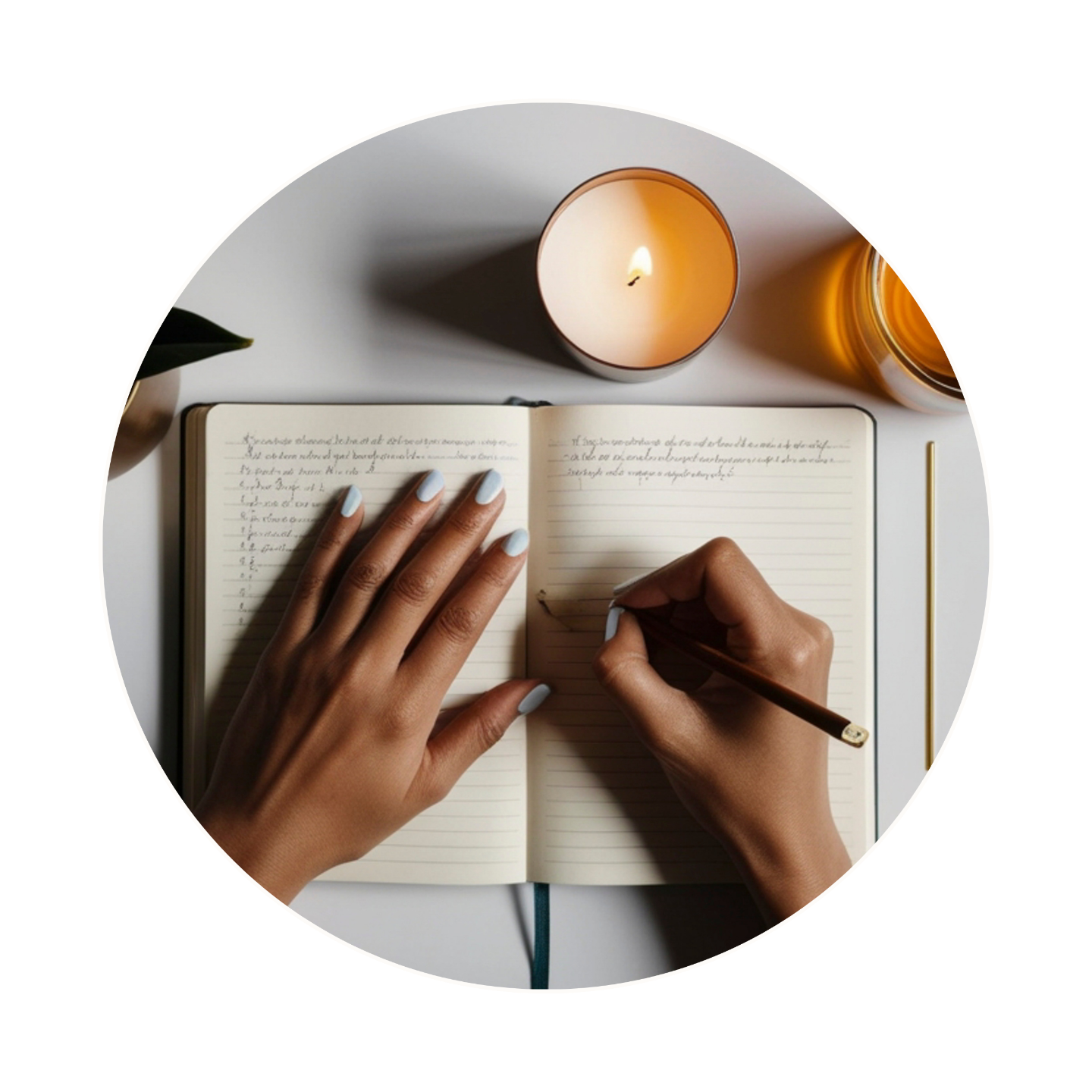 a hand writign on a gratitude journal, candle light