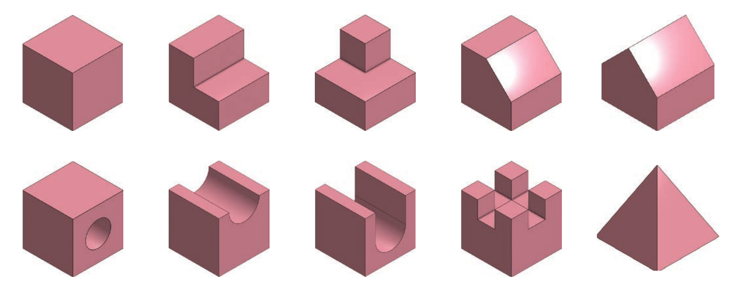 The ten Level 1 mission objects: Cube, Step Block, Tiered Block, Bevel Block, Double Bevel, Hole Block, Cove Block, Deep Cove, Castle Block, Pyramid