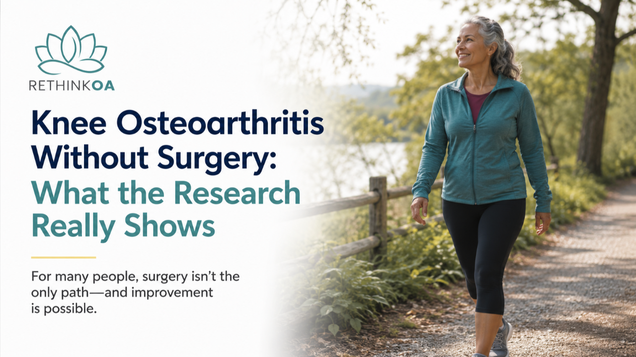 Knee Osteoarthritis Without Surgery Blog Title and woman walking with confidence in nature