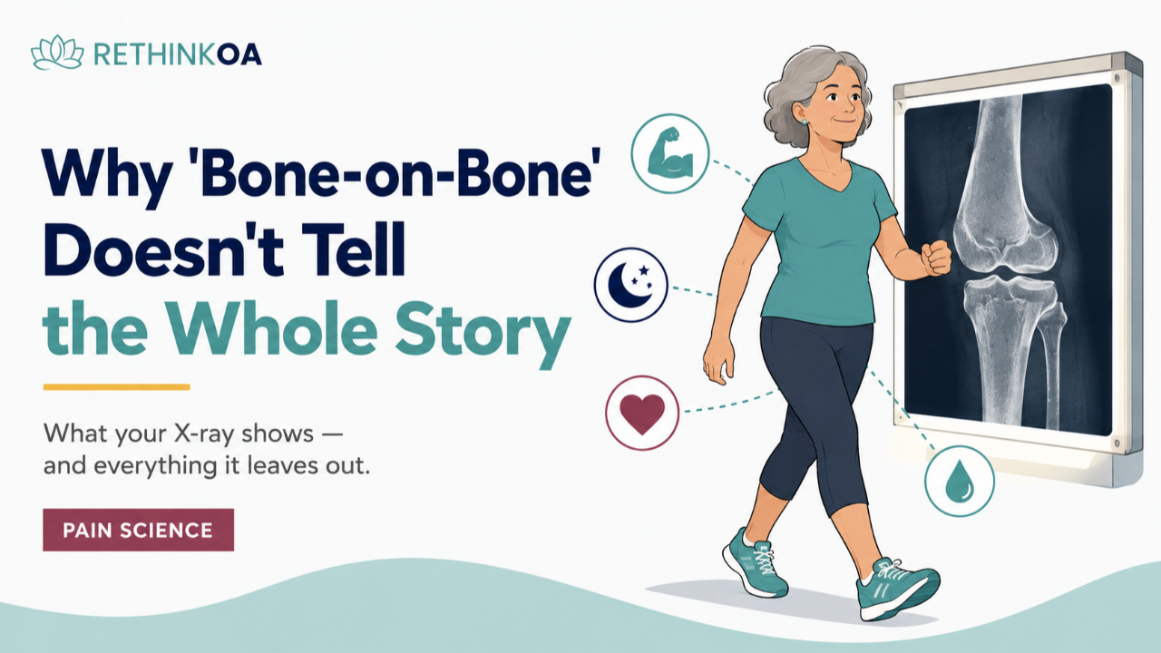 Why Bone-on-Bone Doesn't Tell the Whole Story title with a woman walking and an x-ray of a knee
