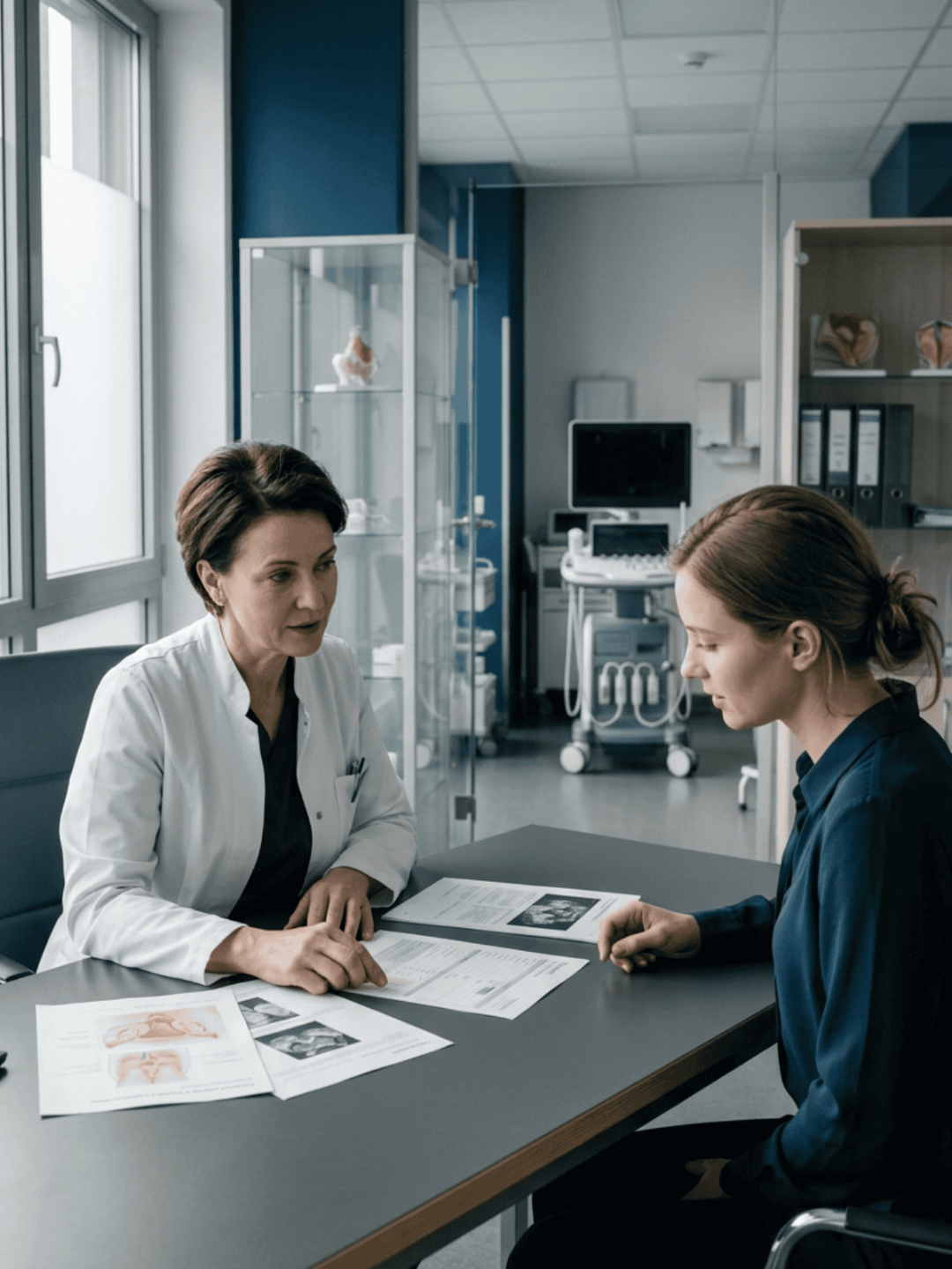 Ärztin im Gespräch mit Patientin in gynäkologischer Praxis – Beratung bei unerfülltem Kinderwunsch