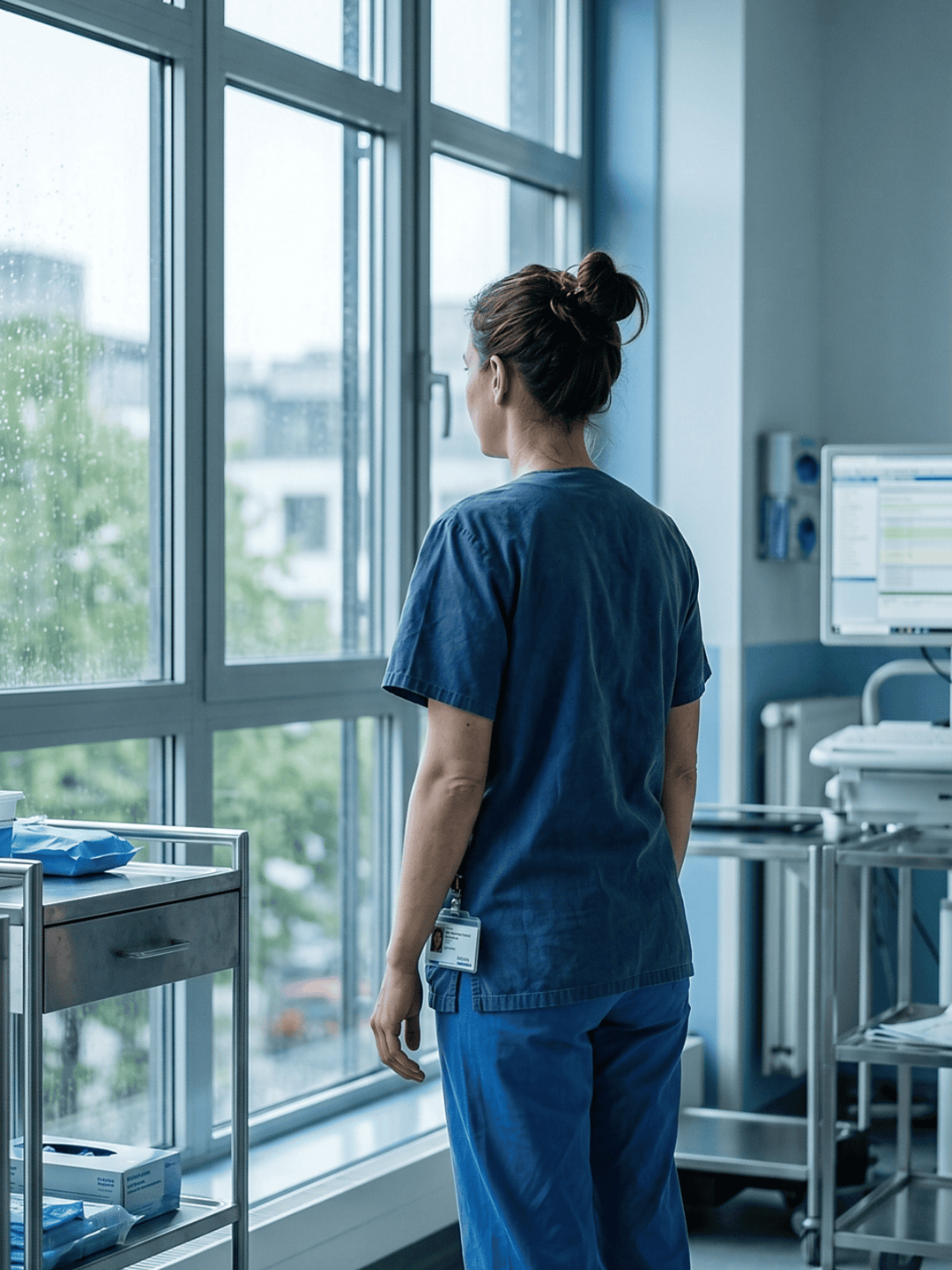 Hebamme schaut aus dem Fenster einer Klinik