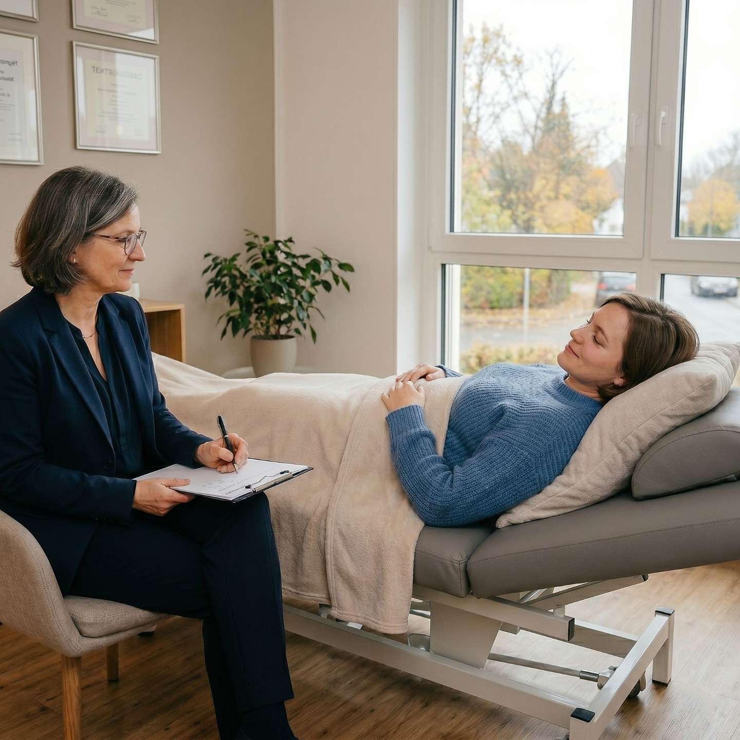 Therapeutin führt Hypnose-Sitzung mit Patientin in ruhiger Behandlungssituation durch