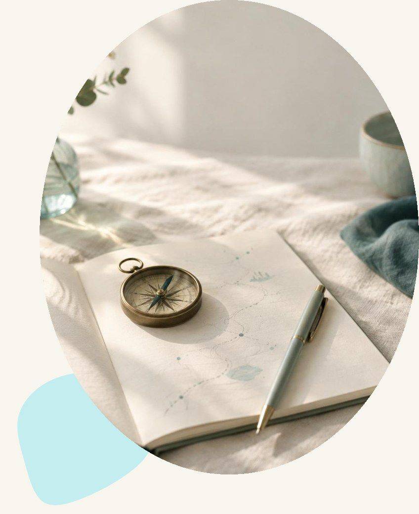 A brass compass resting on an open notebook with an aqua accent