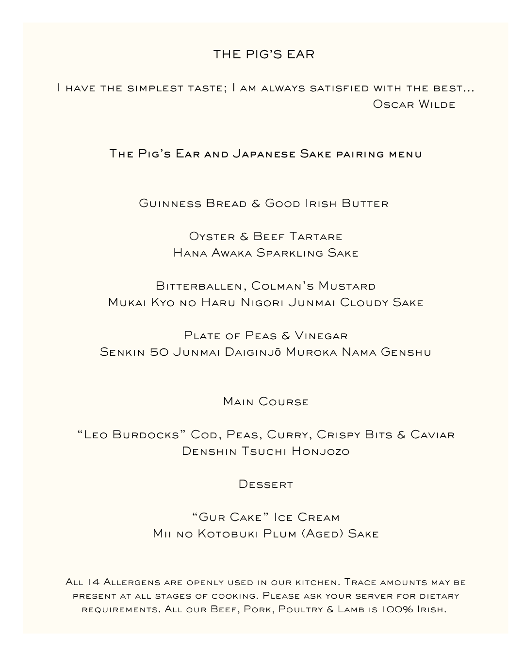 Pig's Ear Irish Cuisine x Japanese Sake Pairing Dinner menu